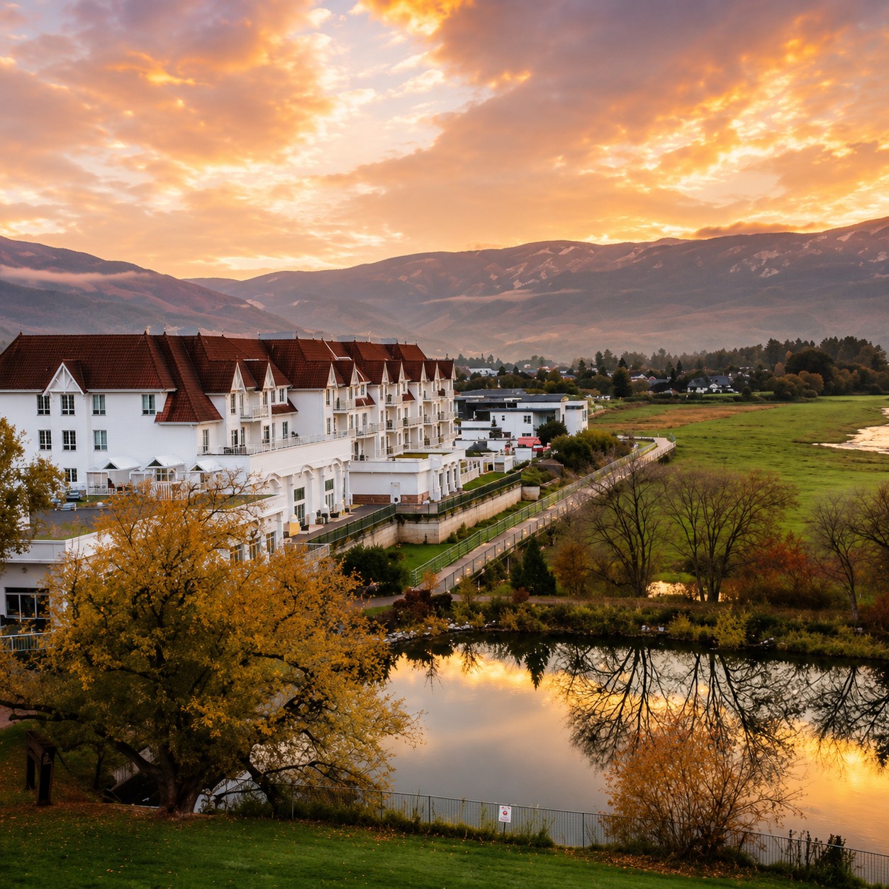 A lakeside hotel in Salmon Arm at sunset